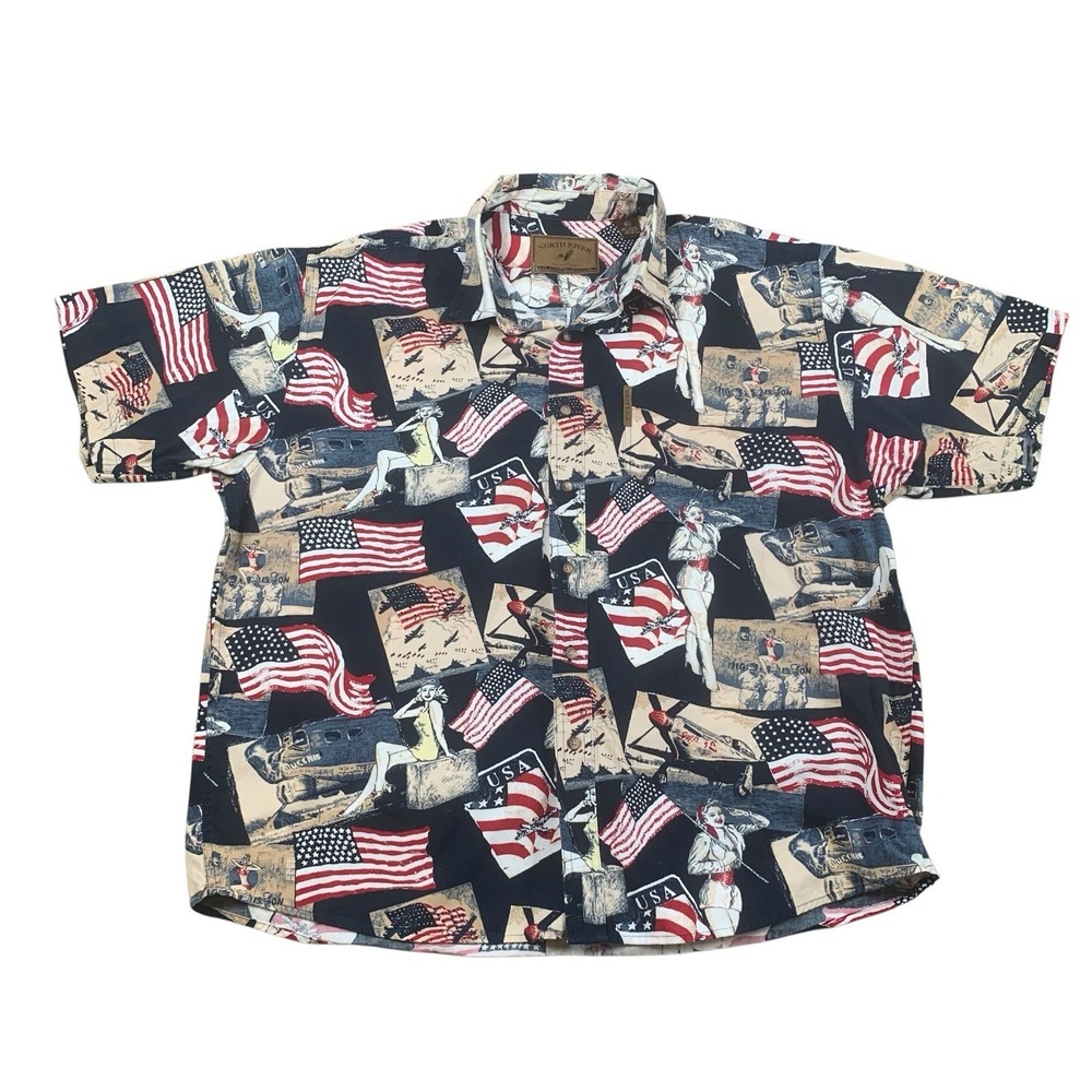NORTH‎ RIVER Outfitters Button Shirt Mens XL Patriotic USA Pin-Up Short Sleeve